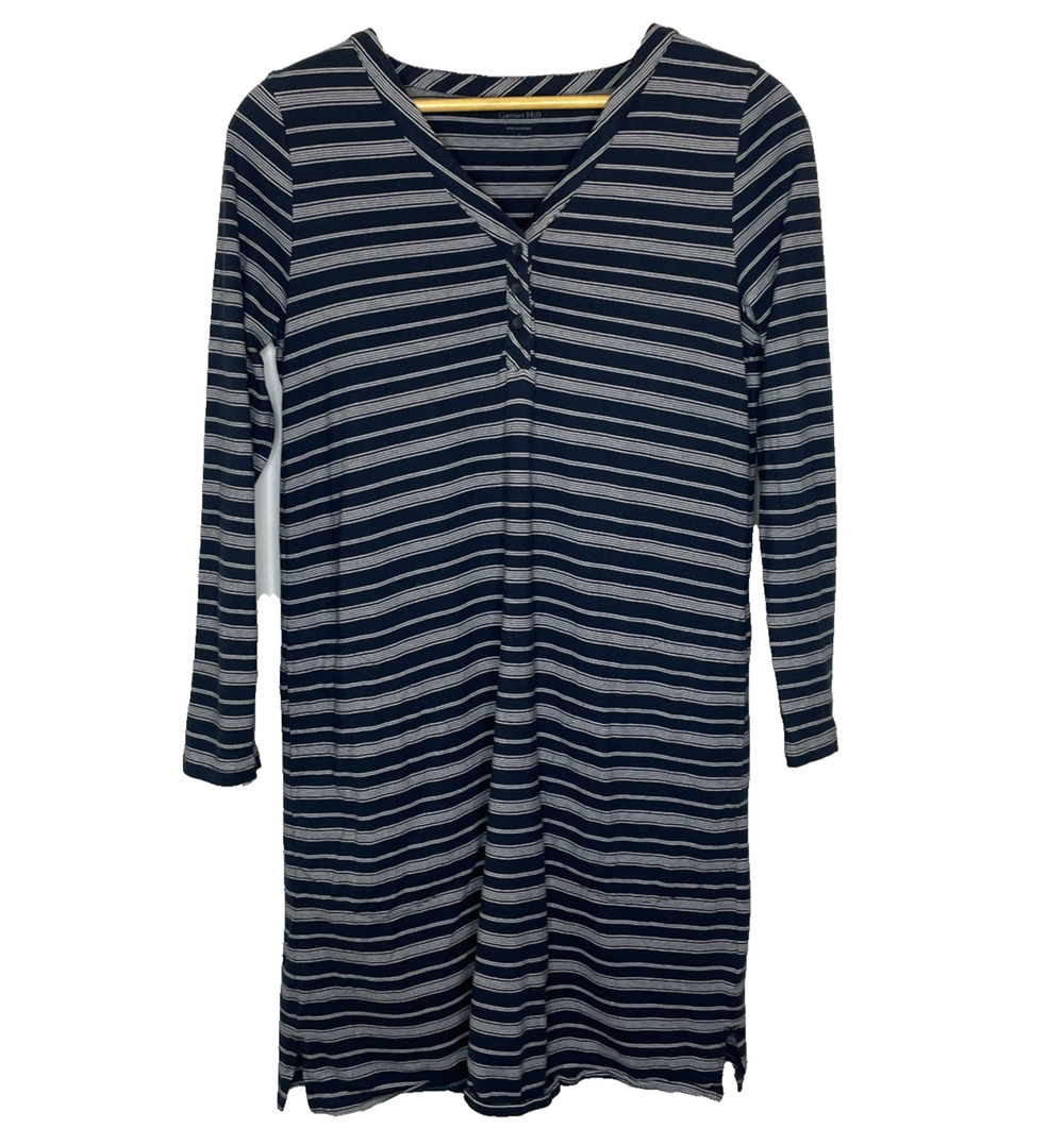 Women's Small Garnet Hill Organic Cotton Blue Stripe Button Lounge Dress Pajama